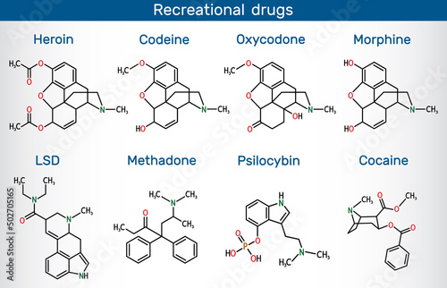 Psychoactive drugs: lysergic acid diethylamide (LSD), oxycodone, heroin, codeine, methadone, morphine, cocaine, psilocybin. Recreational drugs skeletal molecules. photo