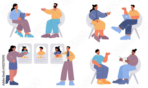 People on job interview. Hr managers choose employee to office, view cv and talk with candidates. Vector flat illustration of hiring company workers, staff recruitment, meeting with jobseekers