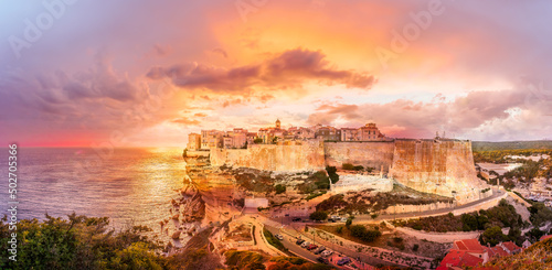 Landscape with Bonifacio at sunset time, Corsica island, France