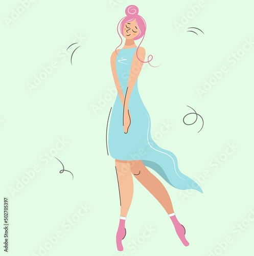 Cute pensive girl with pink hair. Beautiful modest woman ballerina or fairy on a gentle green background. Vector illustration. Modern fashion character in flat style.