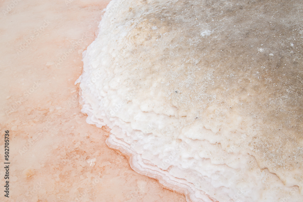 Pink salt pan up close with salt crystals out of focus with grain