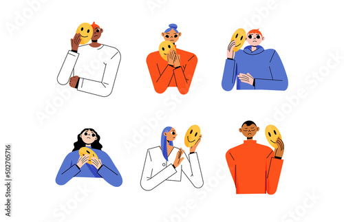 People with fake face mask hide real emotions. Vector flat illustration of diverse sad and unhappy men and women hold positive masks with smiling mouth isolated on white background