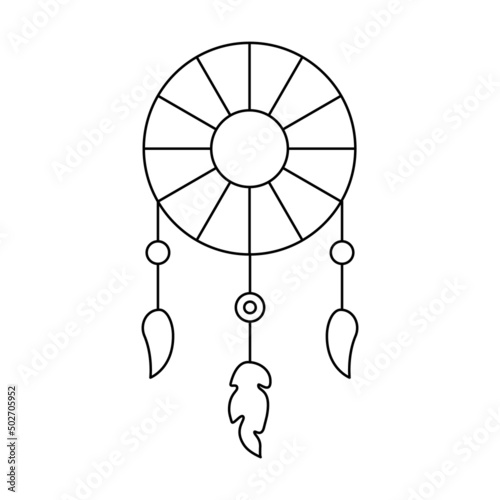 Bohemian dreamcatcher line logo. Boho emblem with feather. Elegant minimal badge. Isolated vector illustration