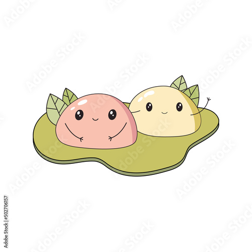 Cute characters dessert mochi. Design for your business, logo, mascot. Cartoon clipart. Traditional Japanese cuisine.  Vector flat illustration on an isolated background.