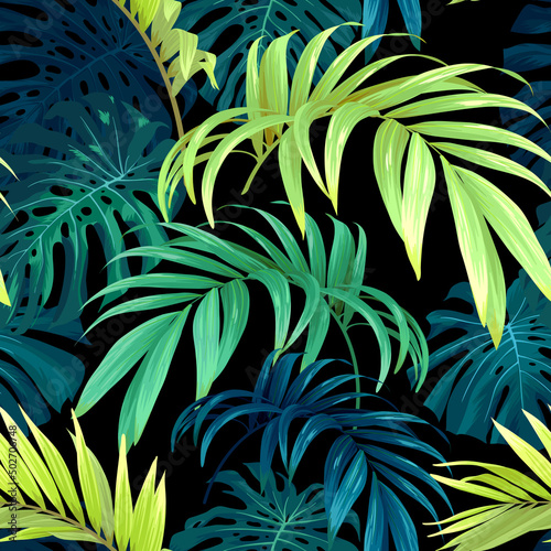 Seamless hand drawn tropical vector pattern with monstera palm leaves on dark background.