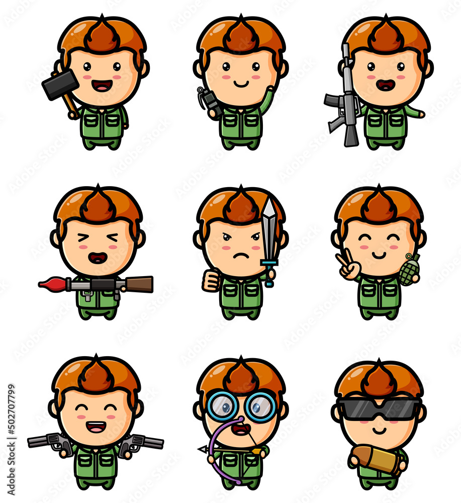 The soldier holding the different weapon mascot bundle set The soldier holding the different weapon mascot bundle set