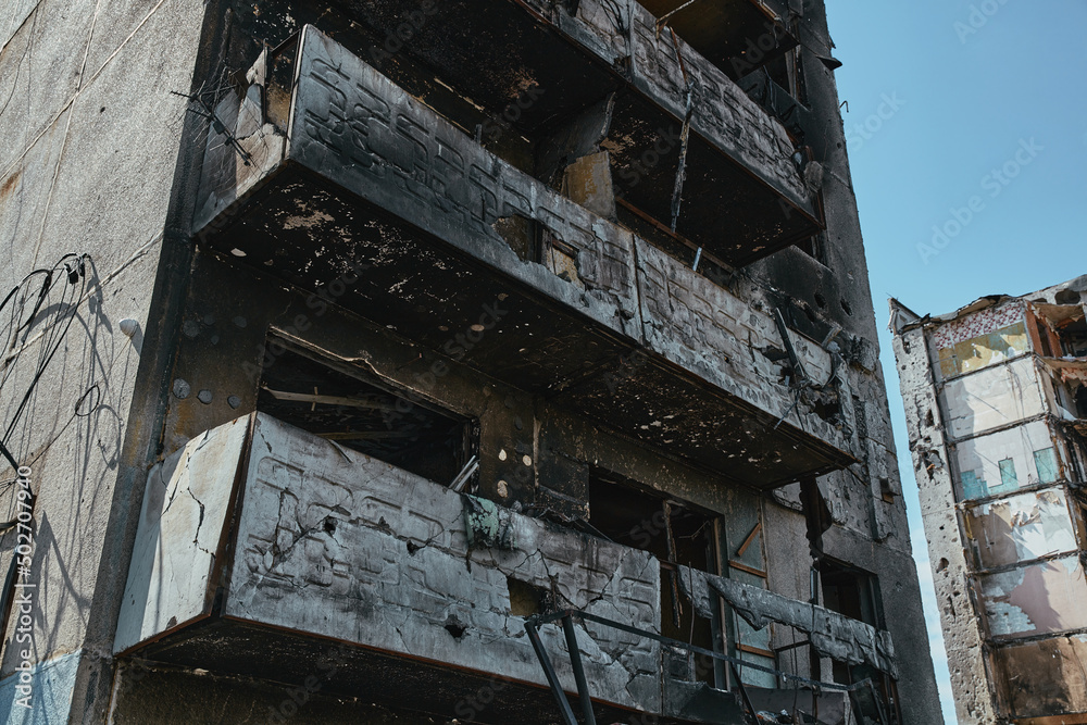 damaged building from Russian troops in Ukraine, city of Borodianka 2022, 30 april, Russian invasion of Ukraine war torn city.