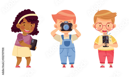 Cute little boys and girl taking photo using smartphone and camera cartoon vector illustration