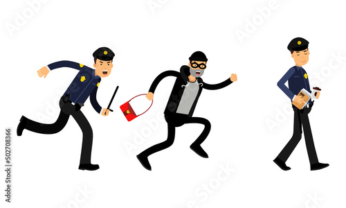 Police officer trying to catch criminal. Policeman at work cartoon vector illustration