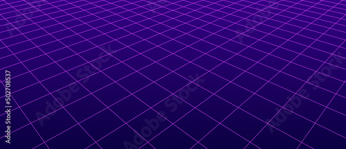 3D digital purple two points perspective grid wireframe. Empty geometric cyberspace studio floor background. Virtual three dimension scene. Easy guide architecture template