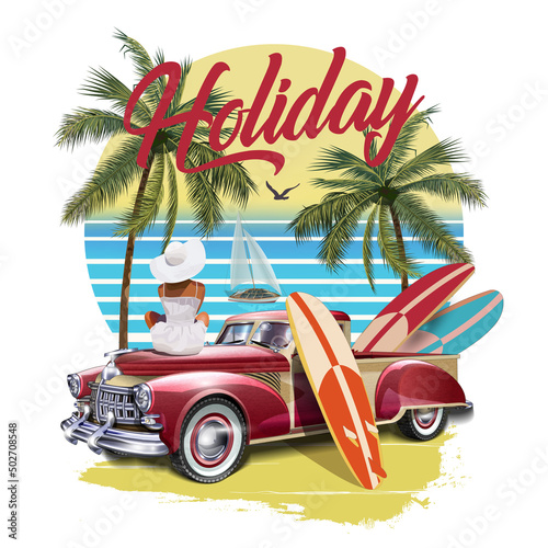 Vintage poster with retro car,surfboard and girl on beach.