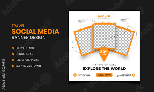 Travel social media post template design for social media, Adventure travel social media post or web banner template design, Holiday and tour advertising banner design