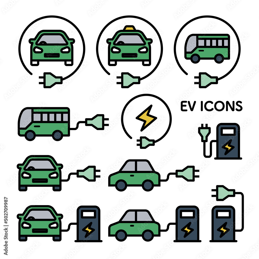 EV（電気自動車）、充電ステーションのアイコンセット