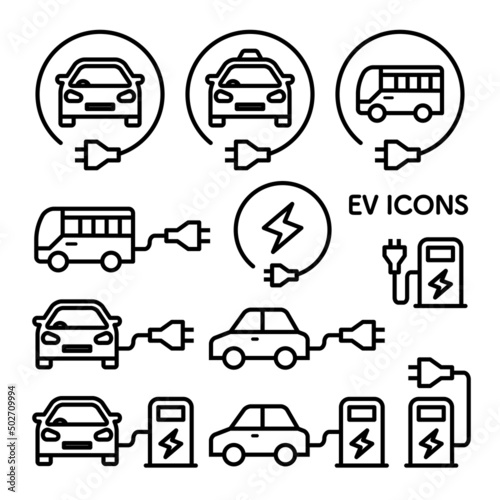 EV（電気自動車）、充電ステーションのアイコンセット