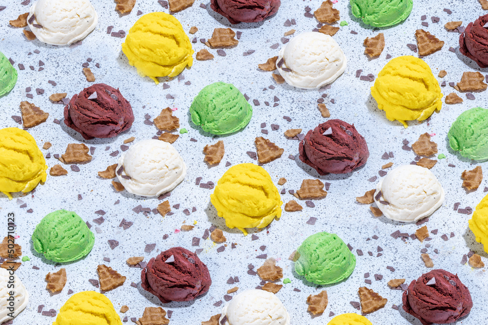 Colorful ice cream in waffle cones Colorful ice cream in waffle cones