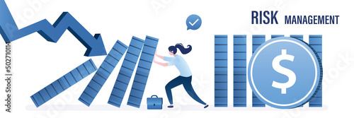 Risk management, horizontal banner. Business and finance protection, crisis management. Effective businesswoman help, support company avoiding dominoes effect in economic crisis.