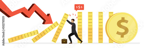 Risk management, horizontal banner. Business and finance protection, crisis management. Effective businessman help, support company avoiding dominoes effect in economic crisis. Falling graph.