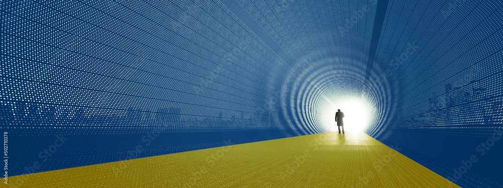 Fototapeta premium Concept or conceptual blue and yellow tunnel, the Ukrainian flag colors, with a bright light at the end as metaphor to hope and faith. A 3d illustration of a black silhouette of walking man to freedom