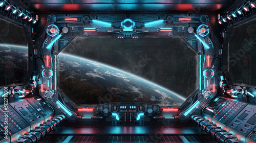 Fototapeta Naklejka Na Ścianę i Meble -  Dark spaceship interior with glowing blue and red lights. Futuristic spacecraft with large window view on planet Earth. 3D rendering