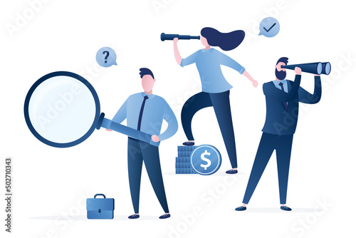 Group of visionaries. Teamwork, concept. Analytics, research work. Corporate communication, people work in team. Business people with binoculars, magnifying glass, spyglass. Global vision.