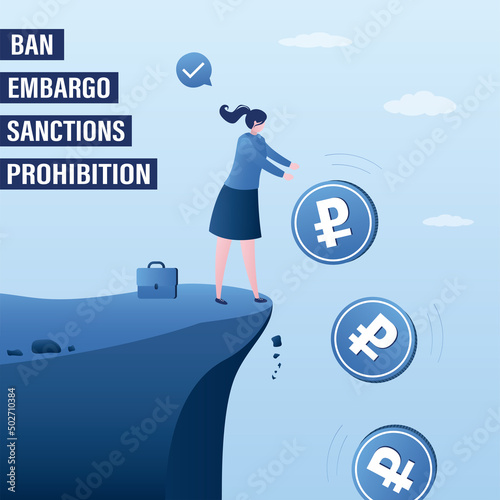 Female trader standing on cliff and drops ruble coins. Frustrated investor gets rid of russian currency. Financial losses from investments in russian economic, sanctions, ban.