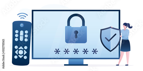 Parental control. Mother holds protective shield. Modern monitor or tv set with padlock and password. Remote control near display. Age restriction. Media content only for adults.