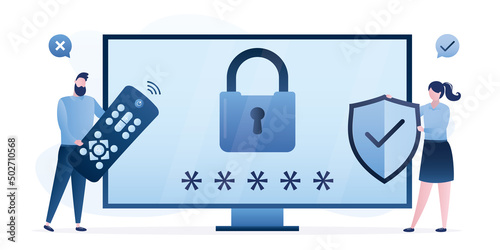 Parental control. Parents holds protective shield and remote control. Modern monitor or tv set with padlock and password. Age restriction. Media content only for adults.