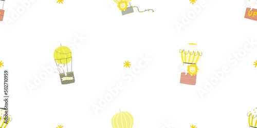 vector childish seamless pattern with hot air balloon transport and cute animals with stars and clouds
