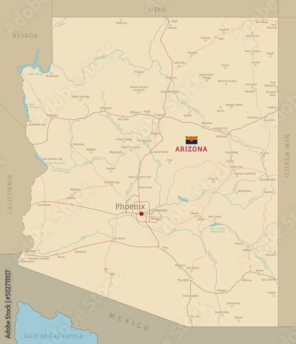 Road map of Arizona, US American Federal State. Highly detailed transportation map with highway and interstate roads, rivers and cities for navigation or logistics realistic vector illustration