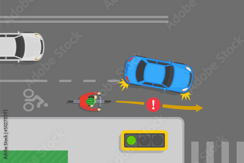 Safe bicycle riding and traffic regulation rules. Blue sedan car is turning right in front of cyclist on crossroad. Avoid passing cars on the right. Flat vector illustration template.