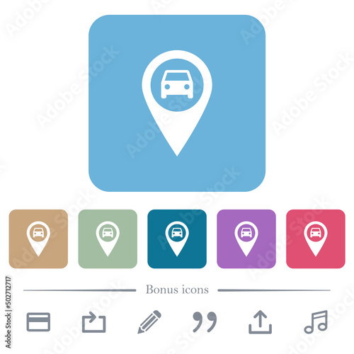 Vehicle GPS map location flat icons on color rounded square backgrounds