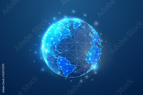 Earth 3d symbol in blue low poly style. Planet, universe, space design concept vector illustration. World map polygonal wireframe.