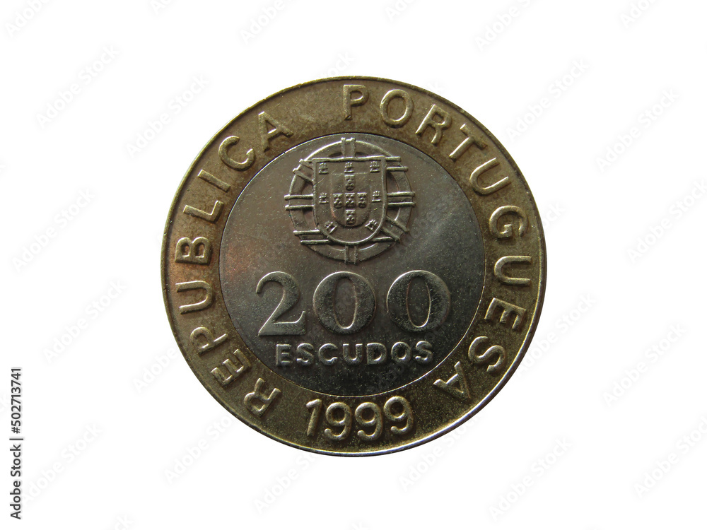 Obverse of Portugal coin 200 escudos 1999 with inscription meaning PORTUGUESE REPUBLIC. Isolated in white background. Obverse of Portugal coin 200 escudos 1999 with inscription meaning PORTUGUESE REPUBLIC. Isolated in white background.
