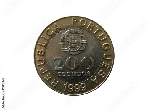 Obverse of Portugal coin 200 escudos 1999 with inscription meaning PORTUGUESE REPUBLIC. Isolated in white background.