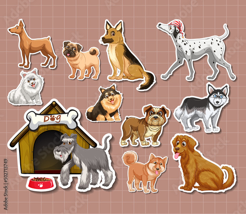 Sticker set of different dogs cartoon