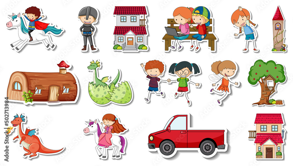 Naklejka premium Sticker set of fantasy fairy tale cartoon characters
