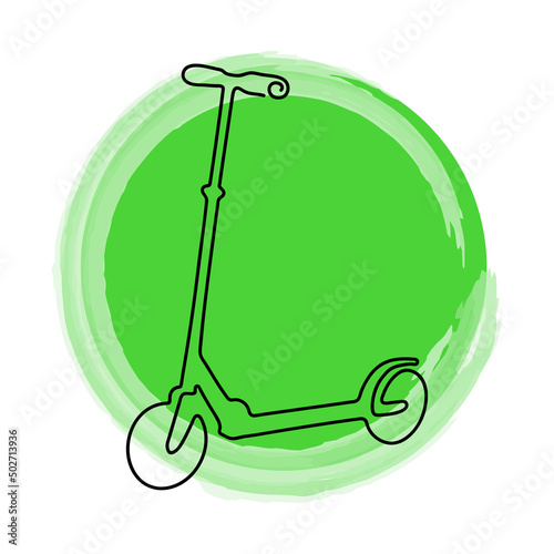 Scooter in continuous line art drawing style on green round splash Vector illustration