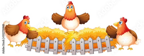 Chickens standing on hay