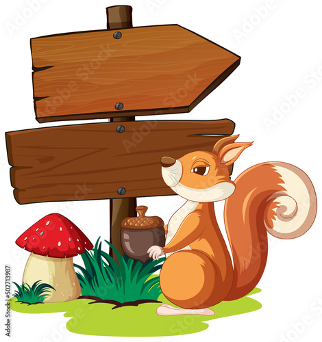 Squirrel standing by wooden signs