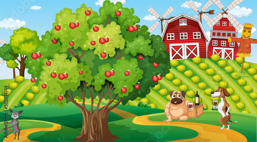 Outdoor farm scene with cartoon dogs