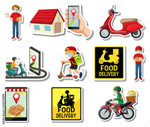 Sticker set of delivery objects and cartoon characters