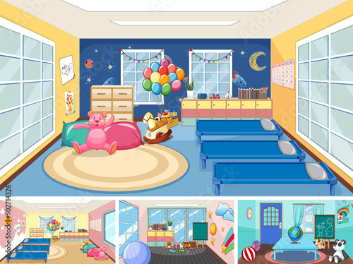Set of different kindergarten classroom scenes