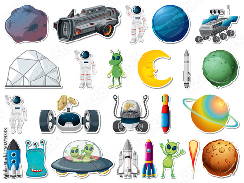 Sticker set of outer space objects and astronauts