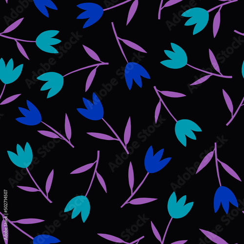 Decorative blue tulips with pink leaves seamless background Limited bright colors