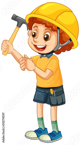 A boy wearing construction worker