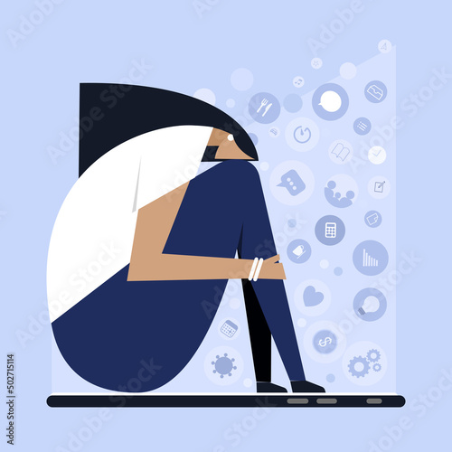 Conceptual illustration of a stressed woman sitting over a mobile phone screen