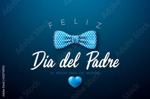 Happy Father's Day Greeting Card Design with Dotted Blue Bow Tie and Heart on Dark Background. Feliz Dia del Padre Spanish Language Vector Illustration for Dad. Template for Banner, Flyer or Poster.