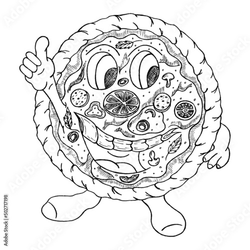 Fototapeta Naklejka Na Ścianę i Meble -  Funny pizza character with doodles laughs. Vector hand-drawn cheerful round pizza with slices of cheese, sausage and olives. Pepperoni sketch isolated on white background