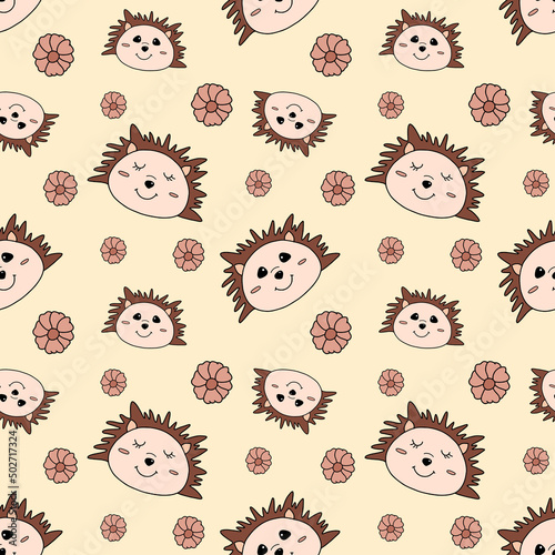 Cute pattern with little hedgehog and flowers. Vector illustration