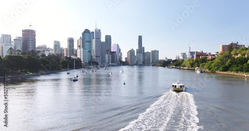 Brisbane River Aerial footage with boat travelling up the river 2017